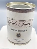 A tin with a label on it that says PALO SANTO GOLOKA INCENSE IN CONES.