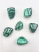 Five stones TUMBLED MALACHITE on a white surface.