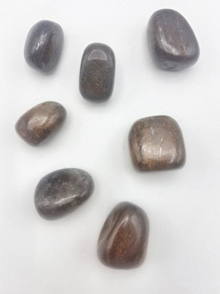 A group of TUMBLED BRONZITE stones on a white surface.