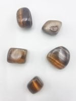 Four tiger's eye stones on a white surface, TUMBLED TIGER'S EYE.