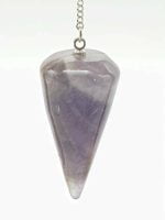 An AMETHYST pendulum hanging from a chain.