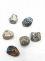 Un gruppo di rocce con motivi DENDRITE BURATTATA su uno sfondo bianco.
