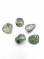 Five green TUMBLED PREHNITE stones on a white background.