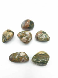A group of TUMBLED RHYOLITE on a white surface.