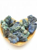 A heart-shaped bowl filled with CRUDE MALACHITE AZURITE stones.