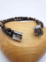 MEN'S BRACELET WITH TIGER'S EYE, BROWN LEATHER CORD AND STEEL CLASP for men with tiger's eye beads and steel clasp.