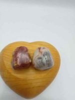 Two heart-shaped CRAZY LACE TUMBLE AGATE stones in a wooden box.