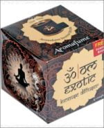 A box depicting the image of a man in a yoga position, with the Aromafume brand logo burning incense Ohm and the Ohm symbol.