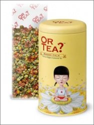A can of Or Tea? ™ Bee Calm organic Chamomile and Vanilla tea with a seated girl inside.