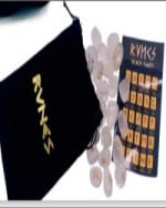A bag with a set of cards RUNES CELTIC ORACLE DIVINATORY ROCK CRYSTAL and a bag with the word ryks on it.
