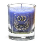 A blue SCENTED ARCANGELO RAZIEL VOTIVE CANDLE with the om symbol on it, scented with votive perfume.